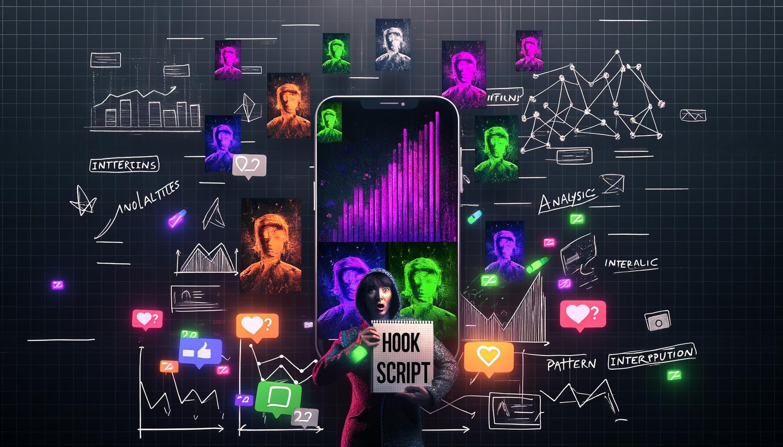Collage aus Smartphone-Bildschirmen mit farbenfrohen Instagram Reels, Analyse-Icons, einer Person mit Hook-Script-Notizbuch, bunten Stiften und digitalen Diagrammen auf dunklem Hintergrund.