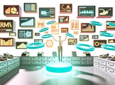 Dynamische PR-Managerin im modernen Büro mit digitalen Dashboards, PR-Tools und Datenvisualisierungen, während alte Faxgeräte und Papierstapel im Hintergrund verblassen.