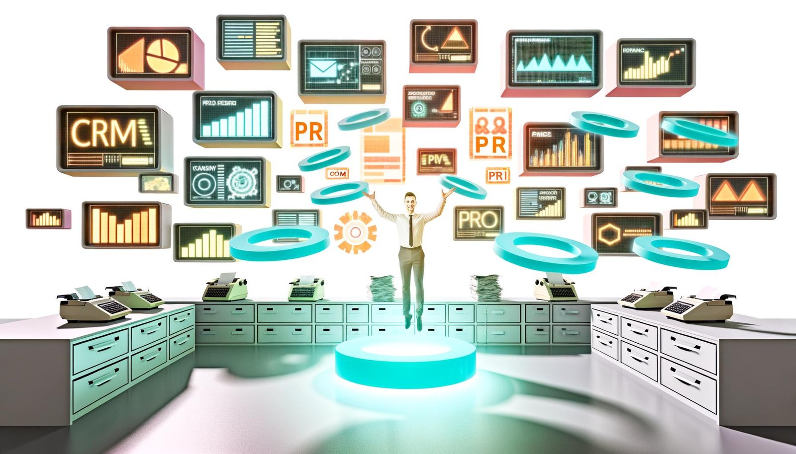 Dynamische PR-Managerin im modernen Büro mit digitalen Dashboards, PR-Tools und Datenvisualisierungen, während alte Faxgeräte und Papierstapel im Hintergrund verblassen.
