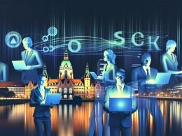 Moderne Illustration der nächtlichen Skyline von Hannover, im Vordergrund entschlossene Business-Menschen mit Technik und SEO-Diagrammen, umgeben von bekannten Wahrzeichen und digitalen Symbolen.