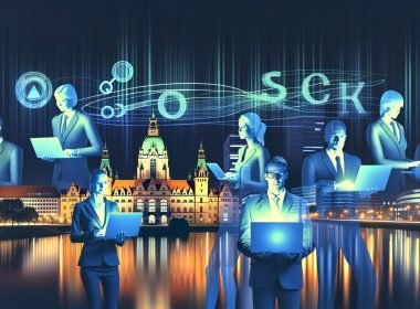Moderne Illustration der nächtlichen Skyline von Hannover, im Vordergrund entschlossene Business-Menschen mit Technik und SEO-Diagrammen, umgeben von bekannten Wahrzeichen und digitalen Symbolen.