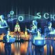 Moderne Illustration der nächtlichen Skyline von Hannover, im Vordergrund entschlossene Business-Menschen mit Technik und SEO-Diagrammen, umgeben von bekannten Wahrzeichen und digitalen Symbolen.