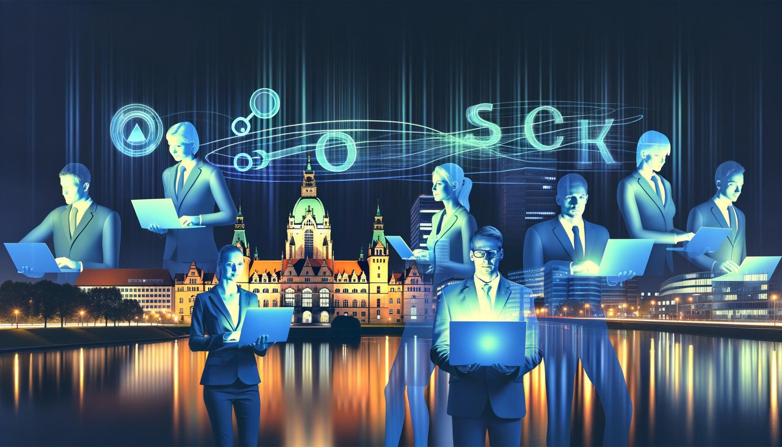 Moderne Illustration der nächtlichen Skyline von Hannover, im Vordergrund entschlossene Business-Menschen mit Technik und SEO-Diagrammen, umgeben von bekannten Wahrzeichen und digitalen Symbolen.