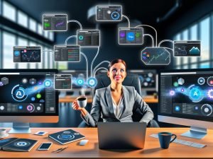Marketerin mit Cappuccino betrachtet entspannte, automatisierte Reporting-Prozesse an mehreren Monitoren mit Marketing-Tools wie Google Analytics, HubSpot und Facebook Ads in einem modernen Büro.