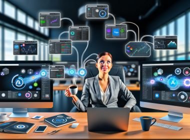 Marketerin mit Cappuccino betrachtet entspannte, automatisierte Reporting-Prozesse an mehreren Monitoren mit Marketing-Tools wie Google Analytics, HubSpot und Facebook Ads in einem modernen Büro.