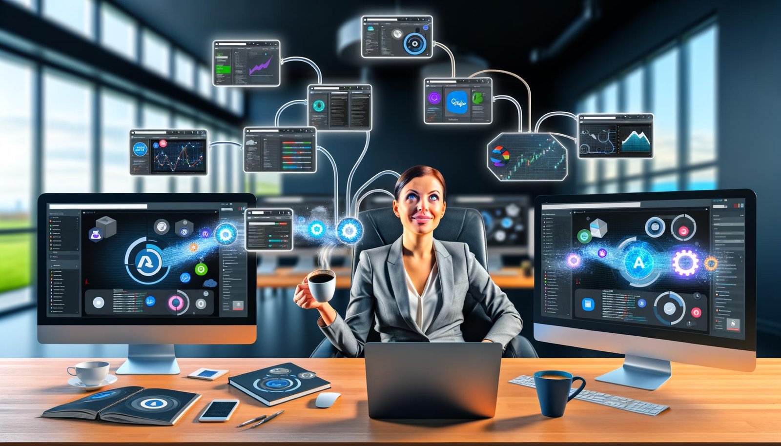 Marketerin mit Cappuccino betrachtet entspannte, automatisierte Reporting-Prozesse an mehreren Monitoren mit Marketing-Tools wie Google Analytics, HubSpot und Facebook Ads in einem modernen Büro.