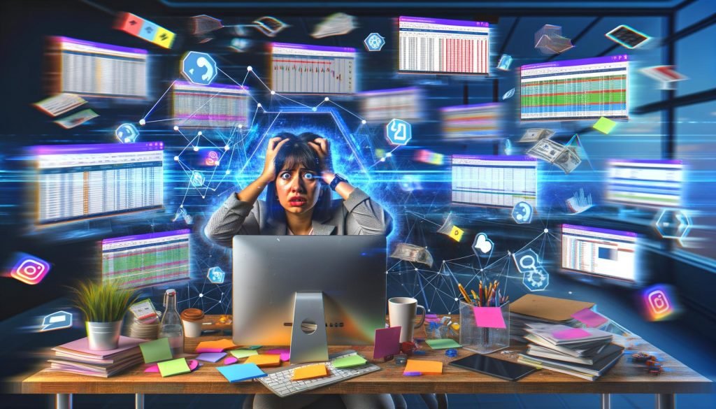Marketingbüro mit gestresster Person, vielen Monitoren, Excel-Diagrammen, offenen Analyse-Tools und einem zentralen Datenintegrationstool, das Daten aus mehreren Kanälen bündelt.