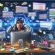 Marketingbüro mit gestresster Person, vielen Monitoren, Excel-Diagrammen, offenen Analyse-Tools und einem zentralen Datenintegrationstool, das Daten aus mehreren Kanälen bündelt.