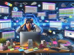Marketingbüro mit gestresster Person, vielen Monitoren, Excel-Diagrammen, offenen Analyse-Tools und einem zentralen Datenintegrationstool, das Daten aus mehreren Kanälen bündelt.