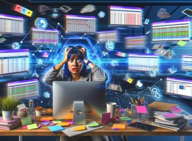 Marketingbüro mit gestresster Person, vielen Monitoren, Excel-Diagrammen, offenen Analyse-Tools und einem zentralen Datenintegrationstool, das Daten aus mehreren Kanälen bündelt.