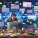 Marketingbüro mit gestresster Person, vielen Monitoren, Excel-Diagrammen, offenen Analyse-Tools und einem zentralen Datenintegrationstool, das Daten aus mehreren Kanälen bündelt.