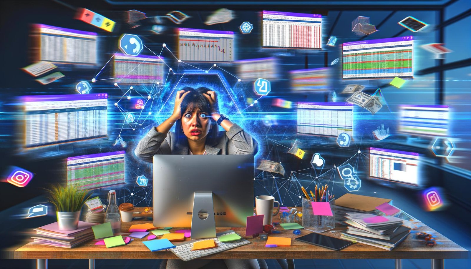 Marketingbüro mit gestresster Person, vielen Monitoren, Excel-Diagrammen, offenen Analyse-Tools und einem zentralen Datenintegrationstool, das Daten aus mehreren Kanälen bündelt.