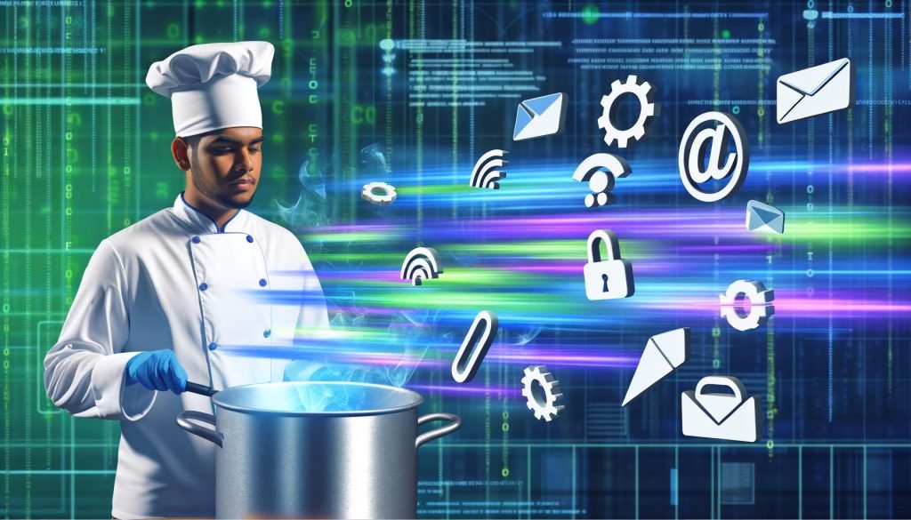 Illustration eines ambitionierten Marketing-Profis im futuristischen Küchenlabor, der vor einem digitalen Kochtopf mit bunten Datenströmen und Cookie-Symbolen steht, umgeben von Browser-Fenstern, Cookie-Icons, Datenschutz-Schildern und Analytic-Diagrammen.