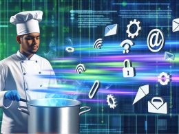 Illustration eines ambitionierten Marketing-Profis im futuristischen Küchenlabor, der vor einem digitalen Kochtopf mit bunten Datenströmen und Cookie-Symbolen steht, umgeben von Browser-Fenstern, Cookie-Icons, Datenschutz-Schildern und Analytic-Diagrammen.