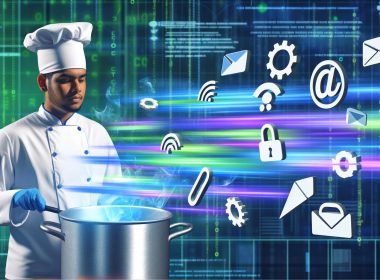 Illustration eines ambitionierten Marketing-Profis im futuristischen Küchenlabor, der vor einem digitalen Kochtopf mit bunten Datenströmen und Cookie-Symbolen steht, umgeben von Browser-Fenstern, Cookie-Icons, Datenschutz-Schildern und Analytic-Diagrammen.