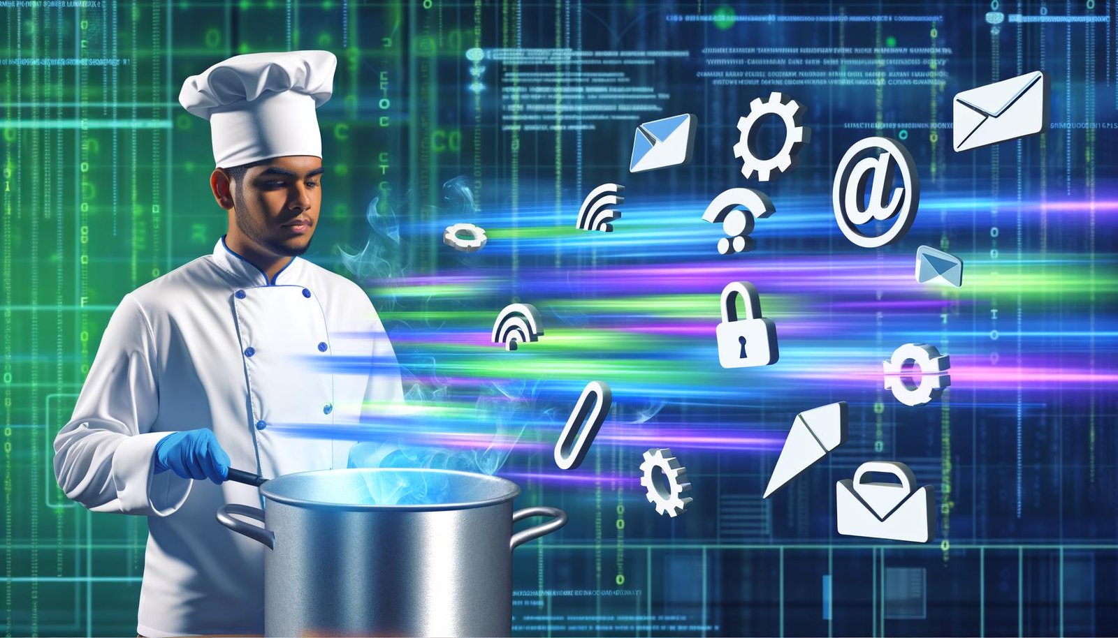 Illustration eines ambitionierten Marketing-Profis im futuristischen Küchenlabor, der vor einem digitalen Kochtopf mit bunten Datenströmen und Cookie-Symbolen steht, umgeben von Browser-Fenstern, Cookie-Icons, Datenschutz-Schildern und Analytic-Diagrammen.