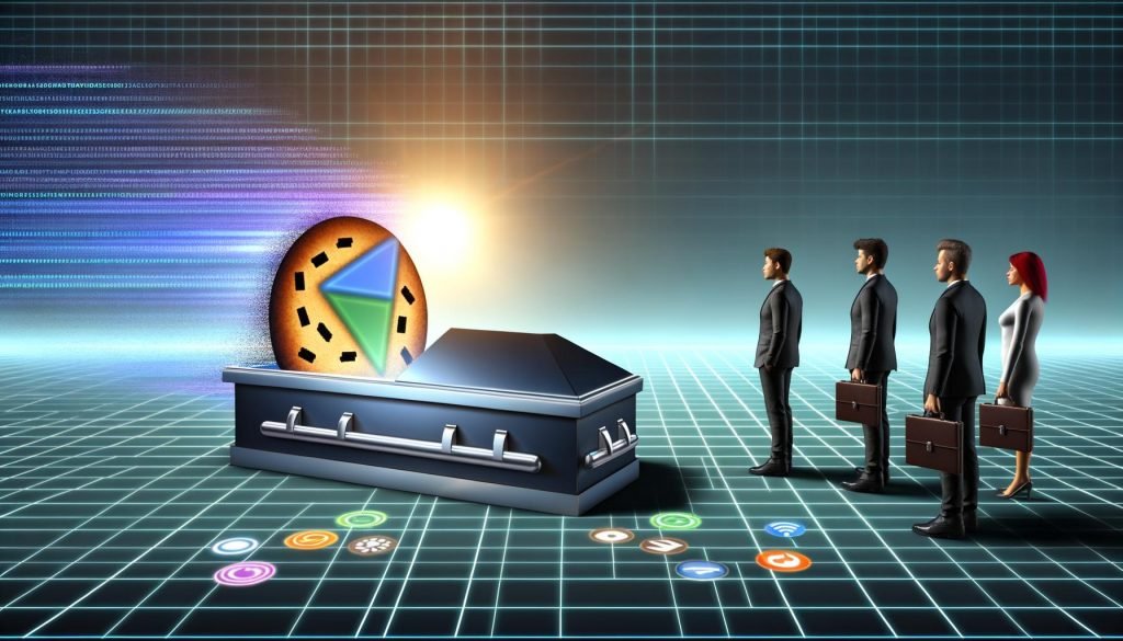 Metaphorische Beerdigung der Third-Party-Cookies mit Business-Marketern, digitalem Keks im Sarg, Outbrain-Figur und Browser-Icons im Hintergrund.