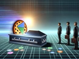 Metaphorische Beerdigung der Third-Party-Cookies mit Business-Marketern, digitalem Keks im Sarg, Outbrain-Figur und Browser-Icons im Hintergrund.