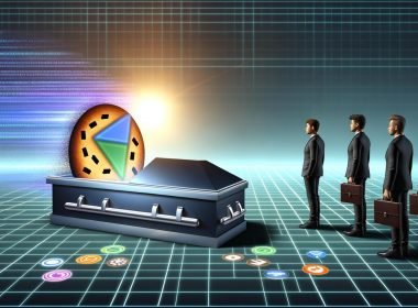Metaphorische Beerdigung der Third-Party-Cookies mit Business-Marketern, digitalem Keks im Sarg, Outbrain-Figur und Browser-Icons im Hintergrund.