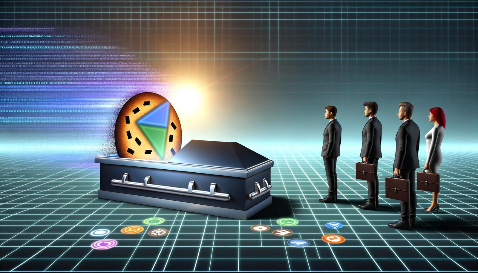 Metaphorische Beerdigung der Third-Party-Cookies mit Business-Marketern, digitalem Keks im Sarg, Outbrain-Figur und Browser-Icons im Hintergrund.
