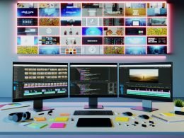 Moderner Arbeitsplatz mit mehreren Bildschirmen für automatisierte Videobearbeitung, Code und Social Media Analytics, umgeben von Technik-Accessoires und auffälligen Video-Thumbnails an der Wand.