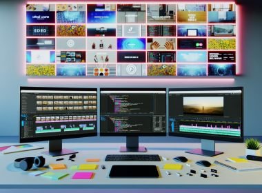 Moderner Arbeitsplatz mit mehreren Bildschirmen für automatisierte Videobearbeitung, Code und Social Media Analytics, umgeben von Technik-Accessoires und auffälligen Video-Thumbnails an der Wand.