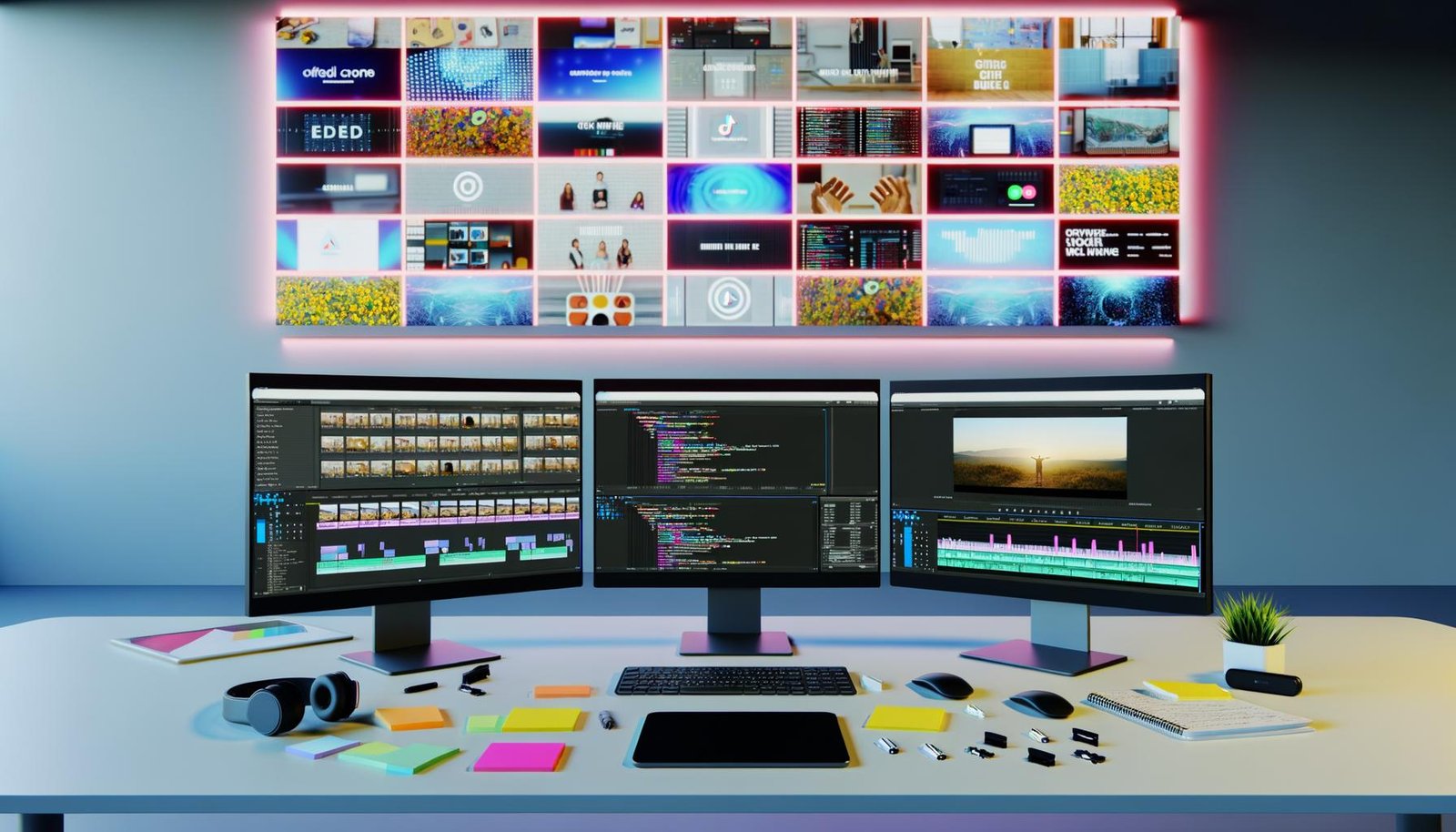 Moderner Arbeitsplatz mit mehreren Bildschirmen für automatisierte Videobearbeitung, Code und Social Media Analytics, umgeben von Technik-Accessoires und auffälligen Video-Thumbnails an der Wand.