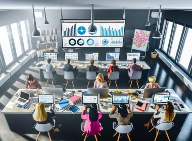 Vogelperspektive auf ein modernes PR-Büro mit mehreren Expert:innen, die an Laptops und großen Monitoren mit Dashboards, Medienmonitoring und Pressemitteilungen arbeiten.