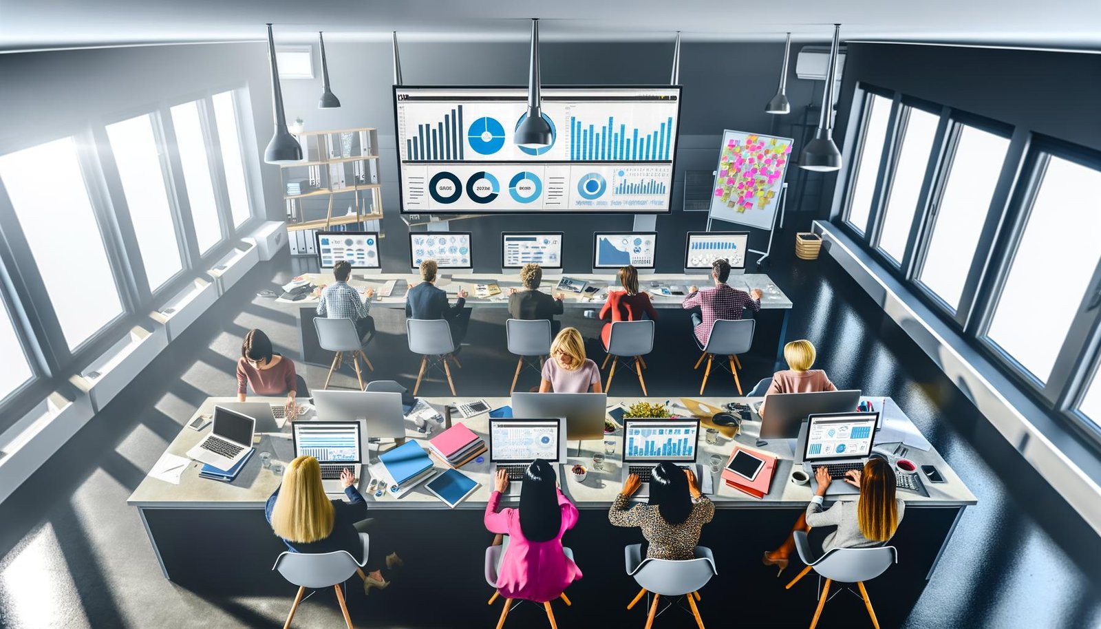 Vogelperspektive auf ein modernes PR-Büro mit mehreren Expert:innen, die an Laptops und großen Monitoren mit Dashboards, Medienmonitoring und Pressemitteilungen arbeiten.
