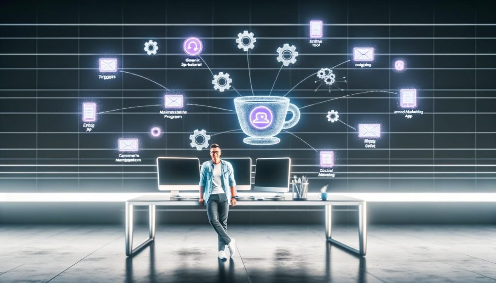 Futuristische Schaltzentrale mit großen Monitoren, die digitale Workflows, Automatisierungsdiagramme und App-Icons zeigen. Ein Marketer hält einen Kaffee, im Hintergrund laufen autonome Prozesse mit leuchtenden Symbolen und Zahnrädern.