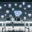Futuristische Schaltzentrale mit großen Monitoren, die digitale Workflows, Automatisierungsdiagramme und App-Icons zeigen. Ein Marketer hält einen Kaffee, im Hintergrund laufen autonome Prozesse mit leuchtenden Symbolen und Zahnrädern.