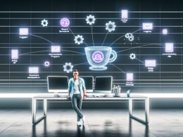 Futuristische Schaltzentrale mit großen Monitoren, die digitale Workflows, Automatisierungsdiagramme und App-Icons zeigen. Ein Marketer hält einen Kaffee, im Hintergrund laufen autonome Prozesse mit leuchtenden Symbolen und Zahnrädern.