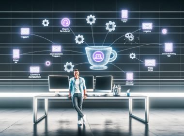 Futuristische Schaltzentrale mit großen Monitoren, die digitale Workflows, Automatisierungsdiagramme und App-Icons zeigen. Ein Marketer hält einen Kaffee, im Hintergrund laufen autonome Prozesse mit leuchtenden Symbolen und Zahnrädern.