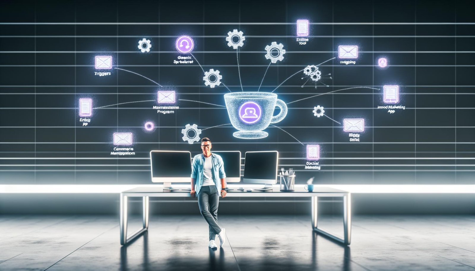 Futuristische Schaltzentrale mit großen Monitoren, die digitale Workflows, Automatisierungsdiagramme und App-Icons zeigen. Ein Marketer hält einen Kaffee, im Hintergrund laufen autonome Prozesse mit leuchtenden Symbolen und Zahnrädern.