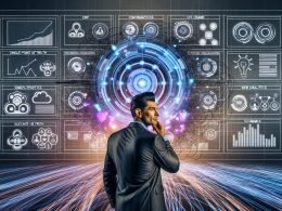 Futuristisches Büro voller digitaler Bildschirme mit Hologrammen, Datenvisualisierungen und einem zentralen Single Point of Truth, der verschiedene Datenquellen wie ERP, CRM, IoT, Web Analytics und E-Commerce verbindet.