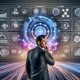 Futuristisches Büro voller digitaler Bildschirme mit Hologrammen, Datenvisualisierungen und einem zentralen Single Point of Truth, der verschiedene Datenquellen wie ERP, CRM, IoT, Web Analytics und E-Commerce verbindet.