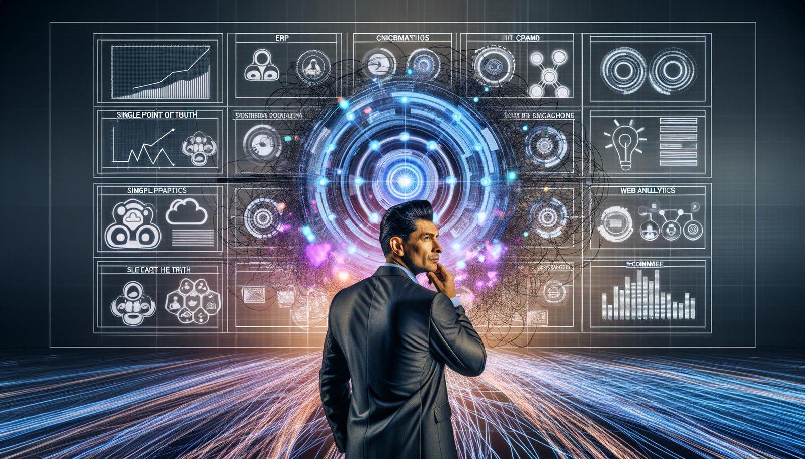 Futuristisches Büro voller digitaler Bildschirme mit Hologrammen, Datenvisualisierungen und einem zentralen Single Point of Truth, der verschiedene Datenquellen wie ERP, CRM, IoT, Web Analytics und E-Commerce verbindet.