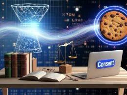 Digitaler Kaffeetisch mit echten Keksen, Laptop mit Consent-Banner, Gesetzesbüchern und Datenschutz-Waage, Lichtlinien als Datenströme im Hintergrund