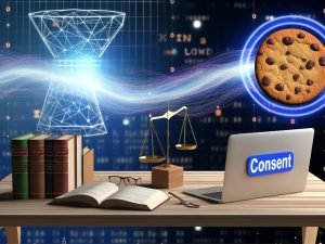 Digitaler Kaffeetisch mit echten Keksen, Laptop mit Consent-Banner, Gesetzesbüchern und Datenschutz-Waage, Lichtlinien als Datenströme im Hintergrund