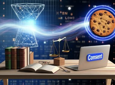 Digitaler Kaffeetisch mit echten Keksen, Laptop mit Consent-Banner, Gesetzesbüchern und Datenschutz-Waage, Lichtlinien als Datenströme im Hintergrund