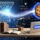 Hyperrealistische digitale Ozeanszene mit leuchtender Outbrain-Rettungsboje, einem faszinierenden Marketer im Vordergrund sowie zerbröselnden Cookies und untergehenden Tracking-Symbolen in dunkler Datenmeer-Atmosphäre.