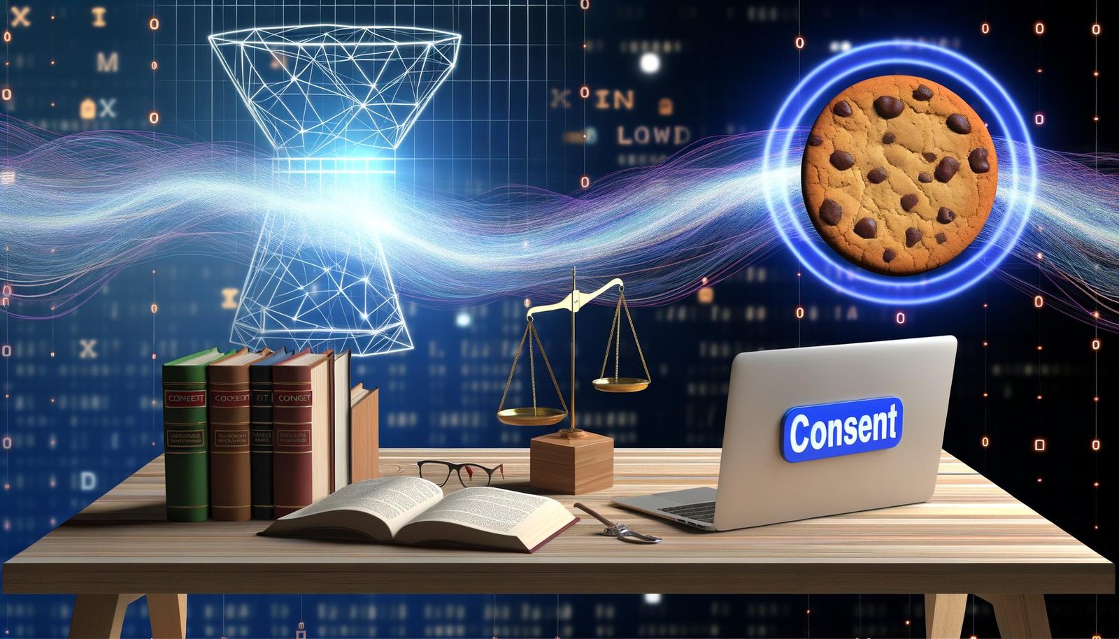 Hyperrealistische digitale Ozeanszene mit leuchtender Outbrain-Rettungsboje, einem faszinierenden Marketer im Vordergrund sowie zerbröselnden Cookies und untergehenden Tracking-Symbolen in dunkler Datenmeer-Atmosphäre.