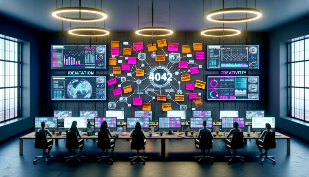Futuristischer Arbeitsplatz mit Monitoren, Trendgrafiken, digitalem Whiteboard und kreativem Team bei der Zusammenarbeit im 404 Magazine Büro.