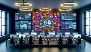 Futuristischer Arbeitsplatz mit Monitoren, Trendgrafiken, digitalem Whiteboard und kreativem Team bei der Zusammenarbeit im 404 Magazine Büro.