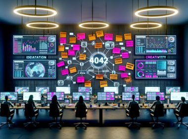Futuristischer Arbeitsplatz mit Monitoren, Trendgrafiken, digitalem Whiteboard und kreativem Team bei der Zusammenarbeit im 404 Magazine Büro.