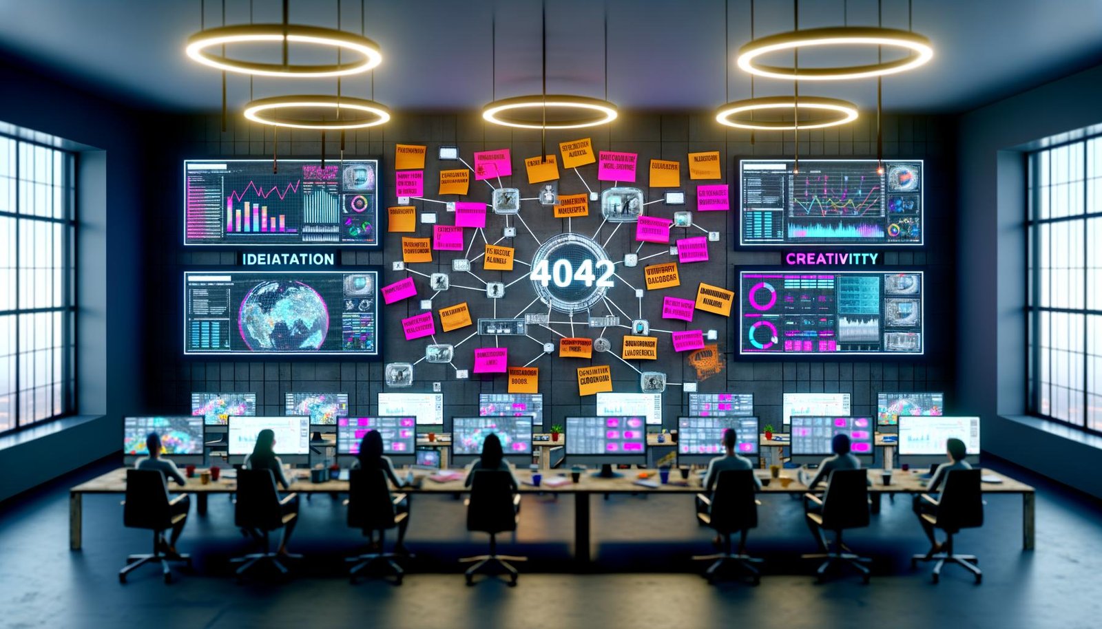 Futuristischer Arbeitsplatz mit Monitoren, Trendgrafiken, digitalem Whiteboard und kreativem Team bei der Zusammenarbeit im 404 Magazine Büro.