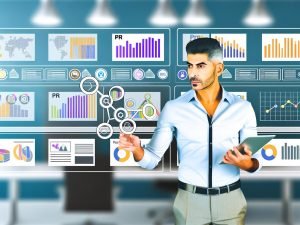 PR-Experte in Smart Casual bewertet Statistiken auf einem Tablet, umgeben von Computerbildschirmen mit übersichtlichen Dashboards, Diagrammen und Medienanalyse-Tools in einem modernen Büro.