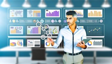 PR-Experte in Smart Casual bewertet Statistiken auf einem Tablet, umgeben von Computerbildschirmen mit übersichtlichen Dashboards, Diagrammen und Medienanalyse-Tools in einem modernen Büro.