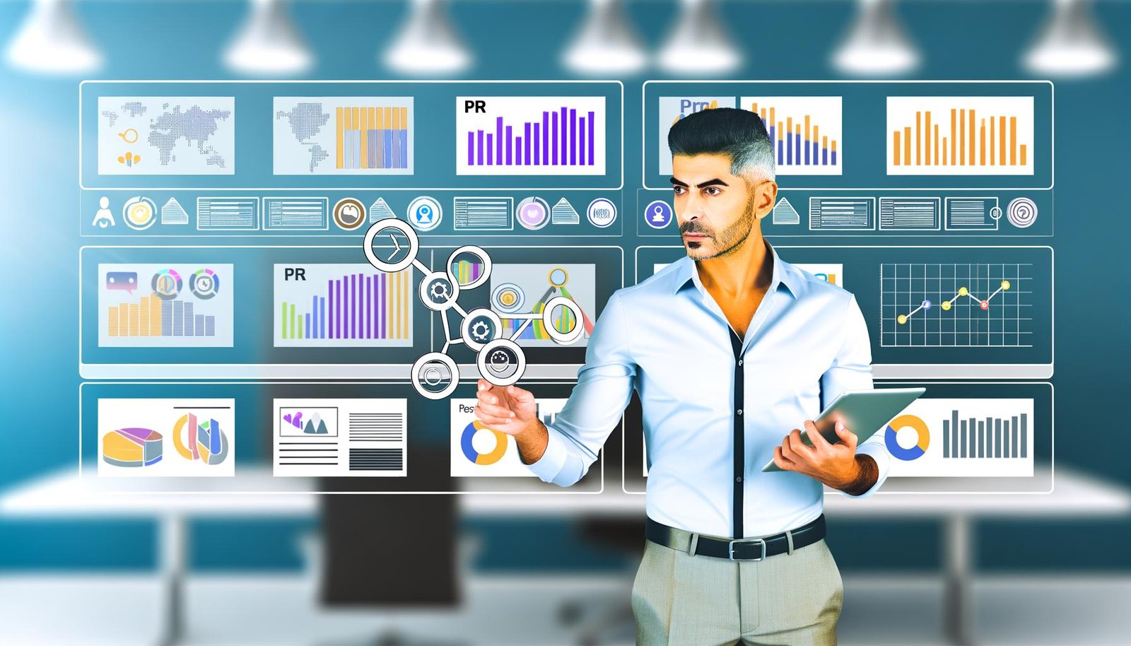 PR-Experte in Smart Casual bewertet Statistiken auf einem Tablet, umgeben von Computerbildschirmen mit übersichtlichen Dashboards, Diagrammen und Medienanalyse-Tools in einem modernen Büro.