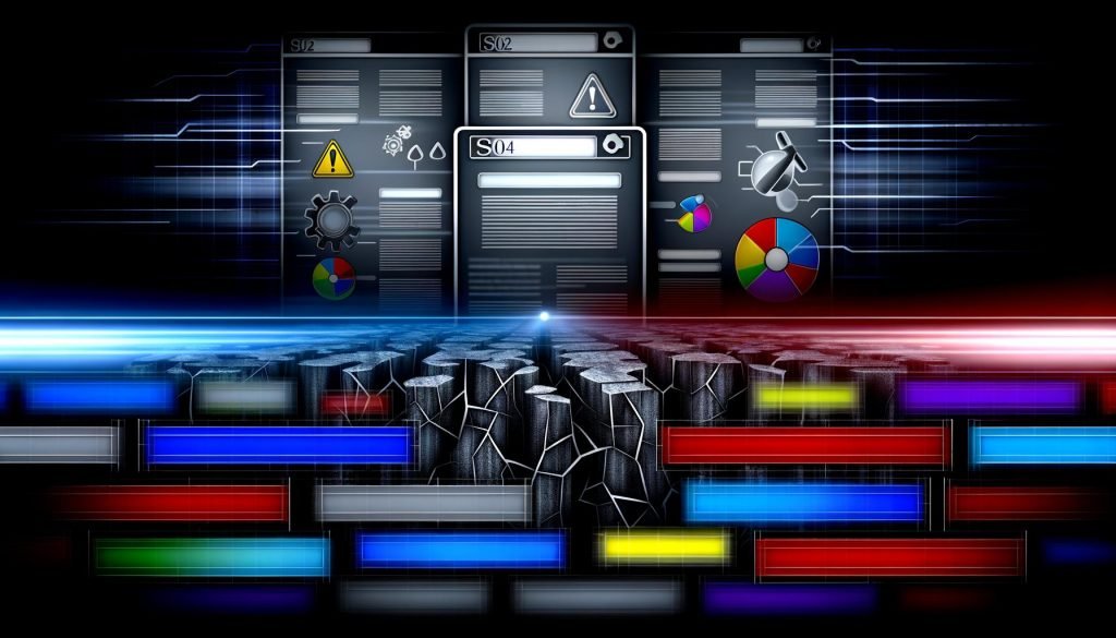 Illustration einer modernen, eleganten Website mit sichtbaren Fundamentrissen, digitalen Termiten und zahlreichen Fehlermeldungen, während eine stilisierte Google-Suchmaschine alles überwacht.